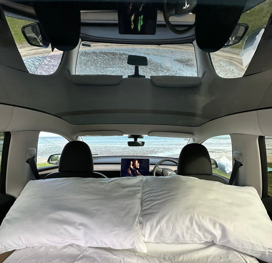 Teraglide PRO platform bed setup in Tesla Model Y trunk, ready for car camping