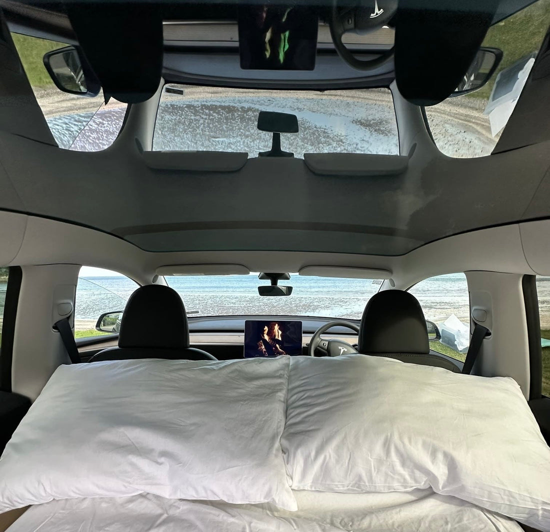 Teraglide PRO platform bed setup in Tesla Model Y trunk, ready for car camping