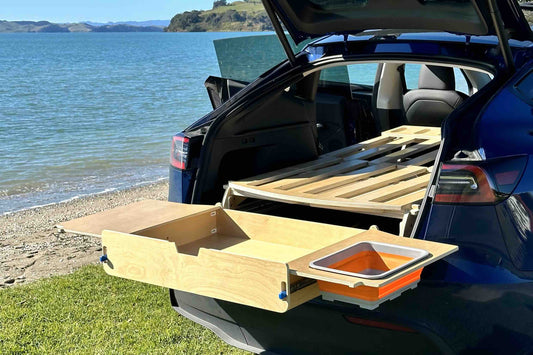 Close-up of drawer module integrated into camping platform