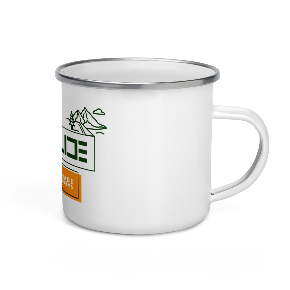Durable enamel camper mug with silver rim. Ideal for outdoor adventures. Easy to clean, lightweight, and multifunctional for drinks or food.