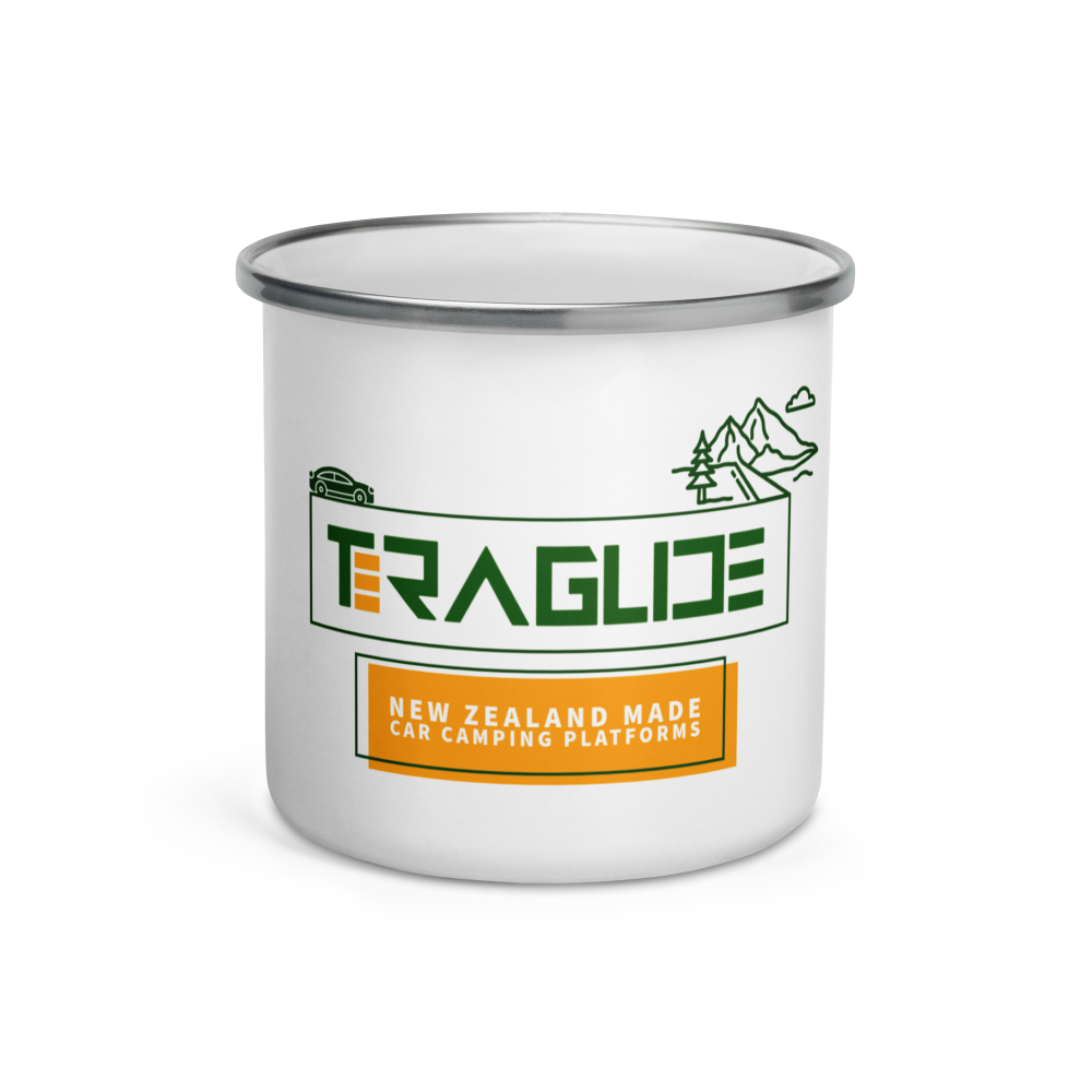 Lightweight enamel camper mug, perfect for hot drinks or meals. Durable with a classic silver rim, great for camping and hiking trips.