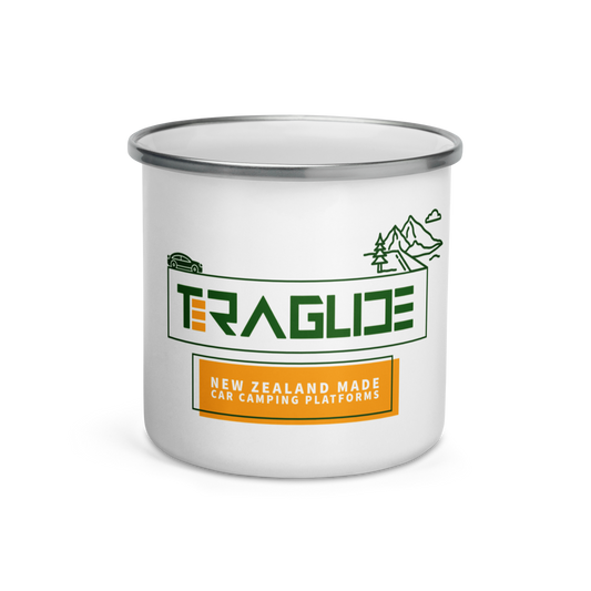 Lightweight enamel camper mug, perfect for hot drinks or meals. Durable with a classic silver rim, great for camping and hiking trips.