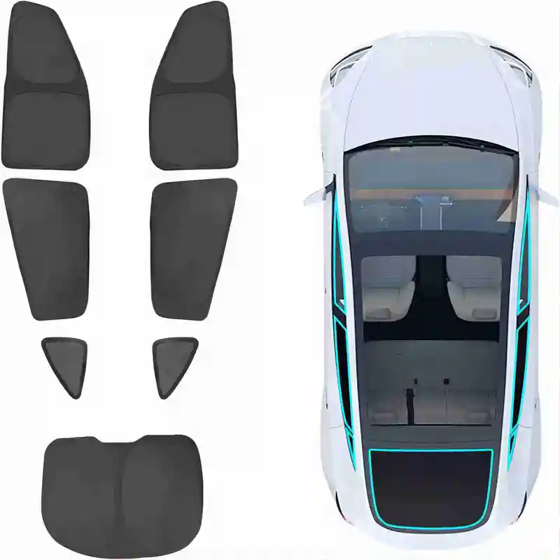 Model Y blackout curtain set for privacy and sun protection. Includes windscreen, front, rear, and trunk sunshades.