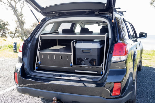 Slide-out kitchen box for SUV trunk — lockable drawers, cooking surface, compact storage by Teraglide