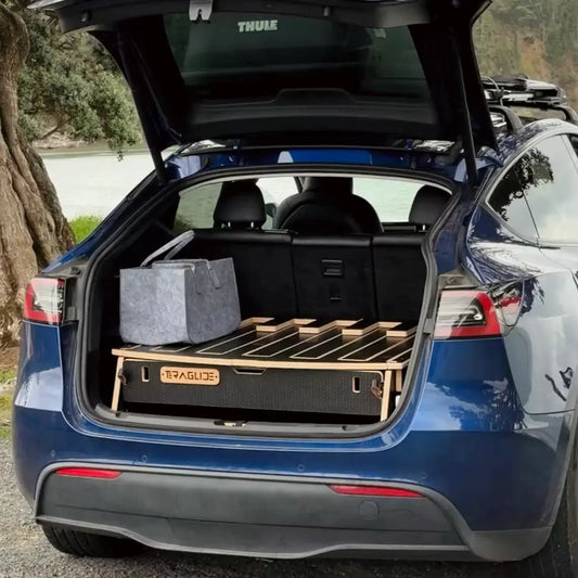 Teraglide PRO car camping platform fully folded inside a Tesla Model Y trunk