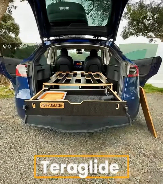 Tesla Model Y camping setup with Teraglide PRO, subtrunk fridge access, and rear footwell power station