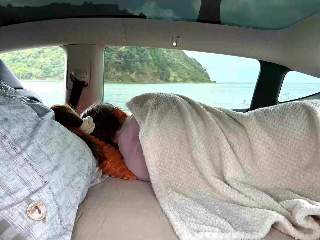 Person sleeping inside a car during an overnight camping stop