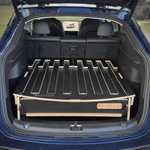 Teraglide PRO car camping bed in a Tesla Model Y: slatted deck and drawer in the trunk, quick setup