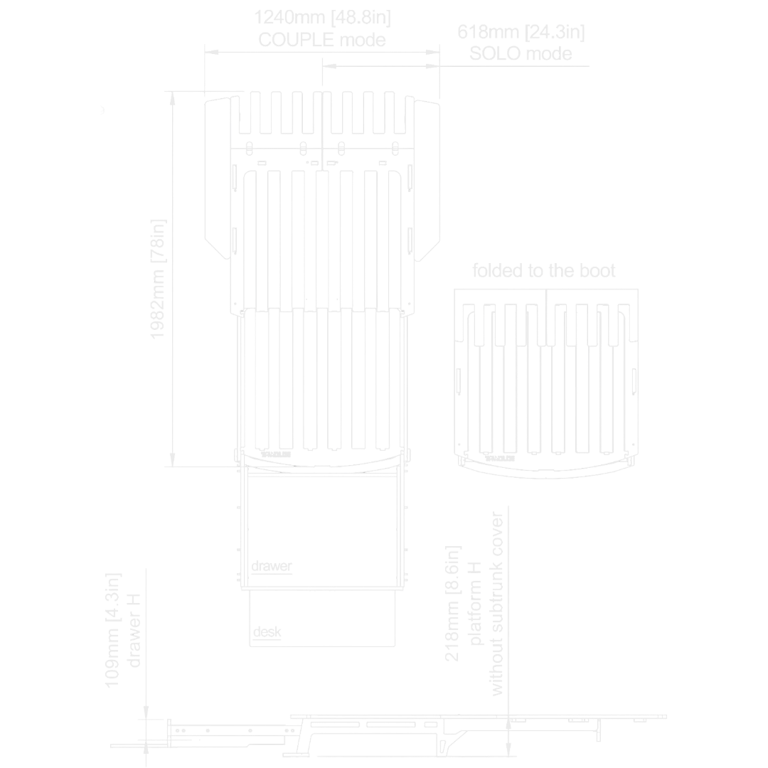 A black and white technical line drawing showing dimensions of a cylindrical product in couple mode and solo mode, with folded and unfolded views and measurements in millimeters and inches.