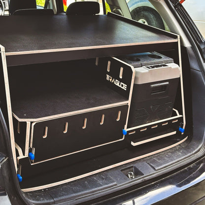 Subaru Outback car-camping setup with Teraglide platform bed and kitchen drawer for easy road trips
