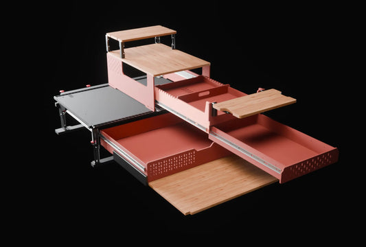 LEVEL BOX modular SUV camping setup with storage drawer and side module