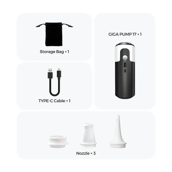 Portable 12V air inflator with 17 kPa pressure, 450 L/min flow, LED light, and rechargeable battery for camping