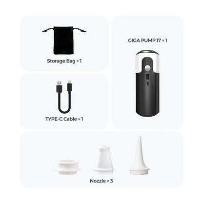 Portable 12V air inflator with 17 kPa pressure, 450 L/min flow, LED light, and rechargeable battery for camping