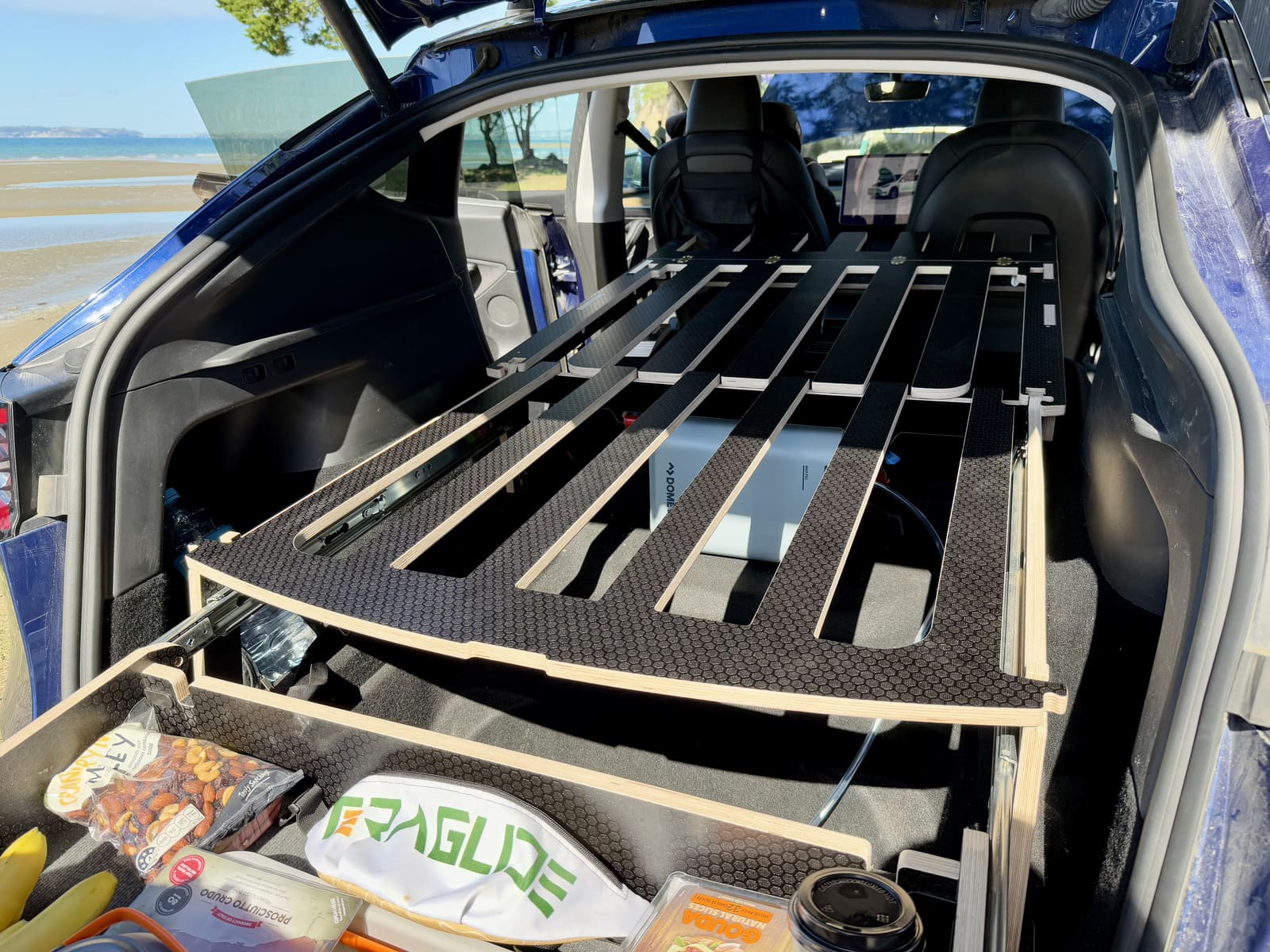 Teraglide PRO car camping platform ready to travel in Tesla Y trunk
