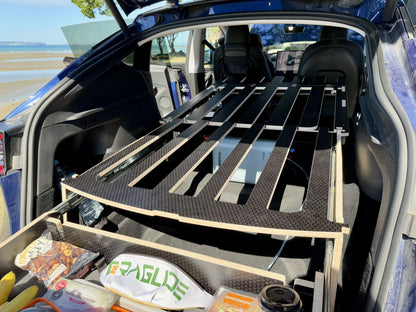 Teraglide PRO car camping platform ready to travel in Tesla Y trunk