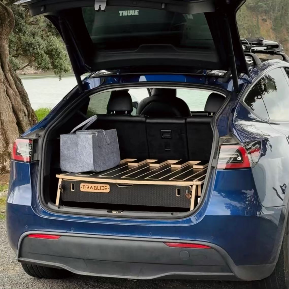 Teraglide PRO car camping platform fully folded inside a Tesla Model Y trunk