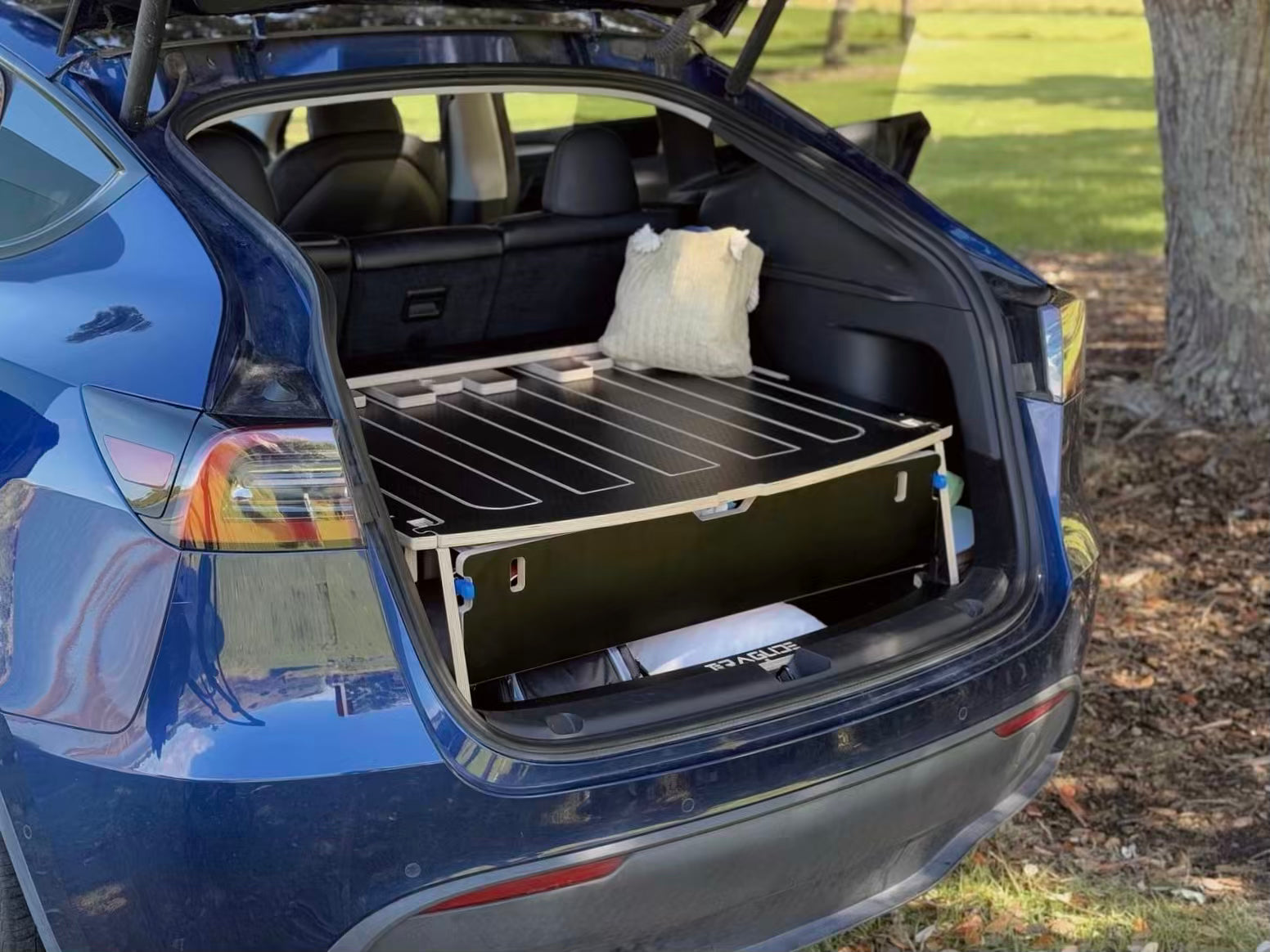 Teraglide PRO car platform bed fully set up in Tesla model Y trunk