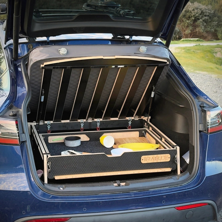 Teraglide PRO slatted deck lifted to reach gear in the storage drawer underneath