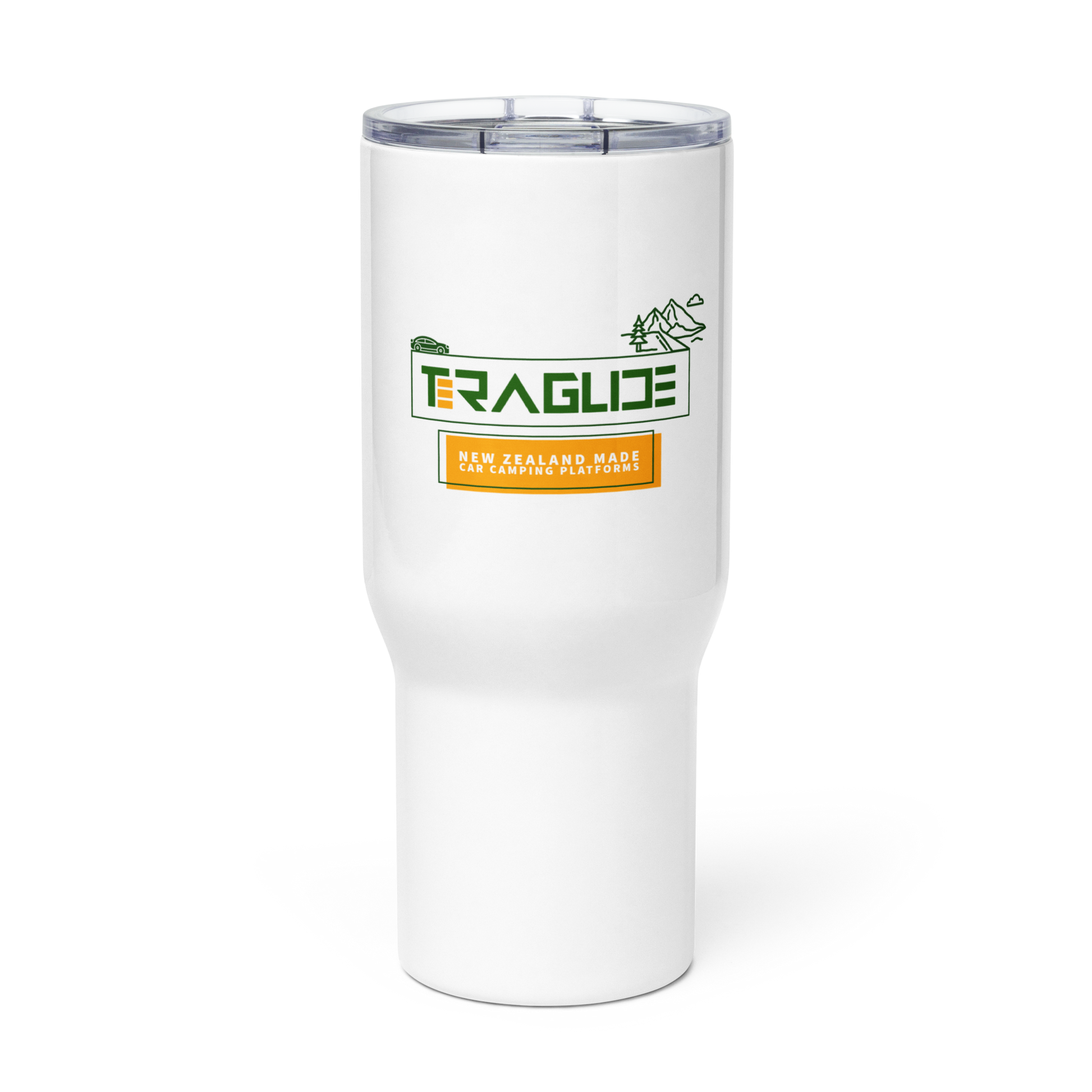 25 oz Teraglide travel mug with handle. Stainless steel, spill-proof lid, and fits most car cup holders. Perfect for drinks on the go.