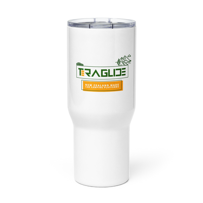 25 oz Teraglide travel mug with handle. Stainless steel, spill-proof lid, and fits most car cup holders. Perfect for drinks on the go.